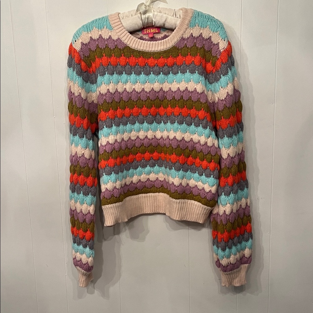 THML Multicolor Scallop Stripe Crewneck Sweater - Aqua, Lavender & Red Size L